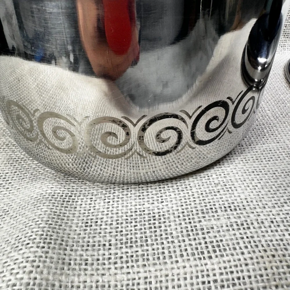 Vintage EKCO 2 Qt Stainless Steel‎ Saucepan Black Scroll MCM Retro w 2 Lids